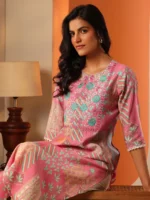 Pink Printed Silk Blend Straight Kurta - Image 4