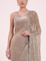 Women's Beige Organza Crushed Siroski Work Embellished Border Saree With Unstitched Blouse - Image 4