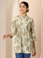 Beige Printed Silk Blend Straight Short Kurti - Image 5