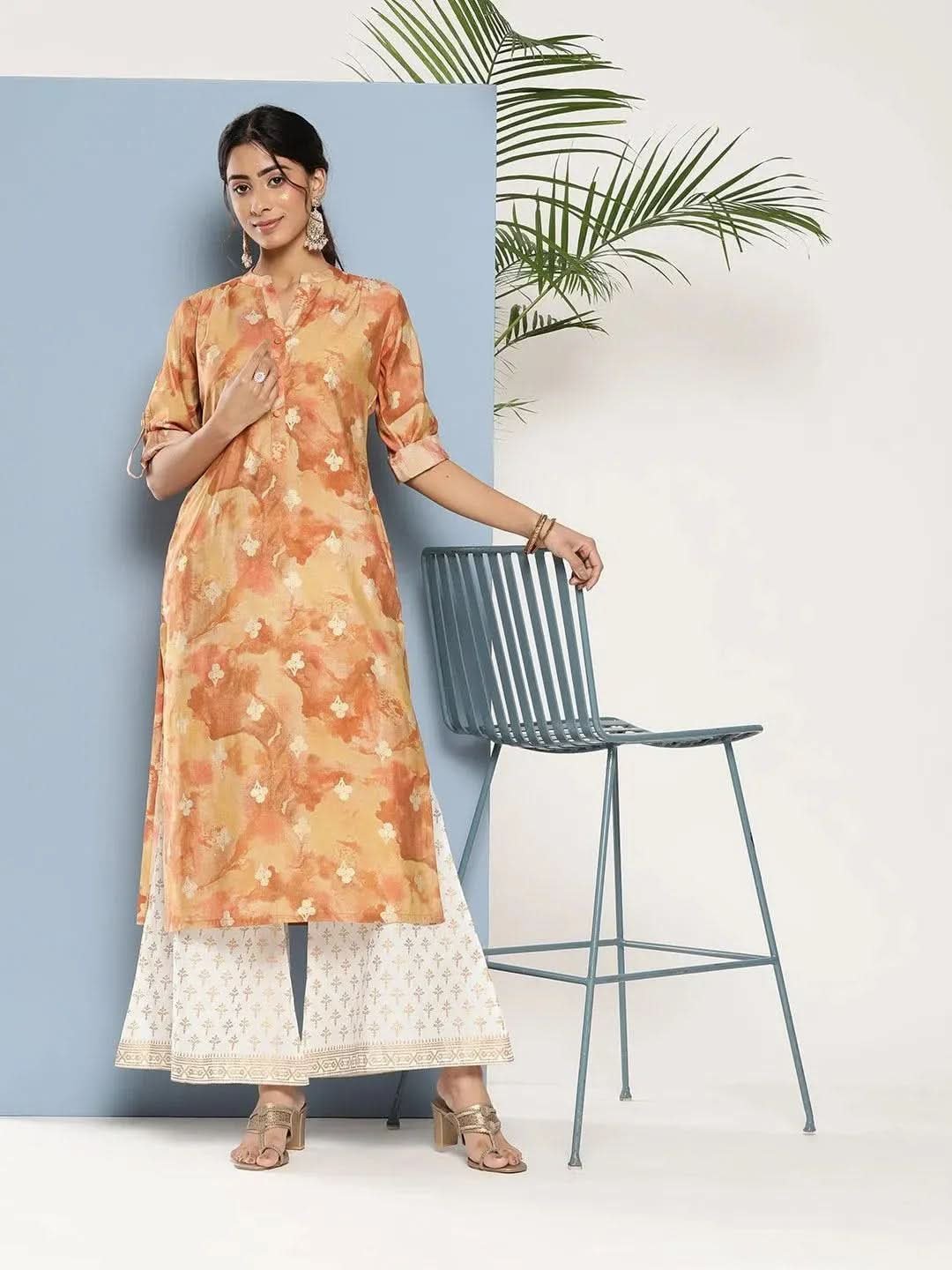 brown-printed-silk-straight-kurta-libas-1.jpg Brown Printed Silk Straight Kurta - Image 1